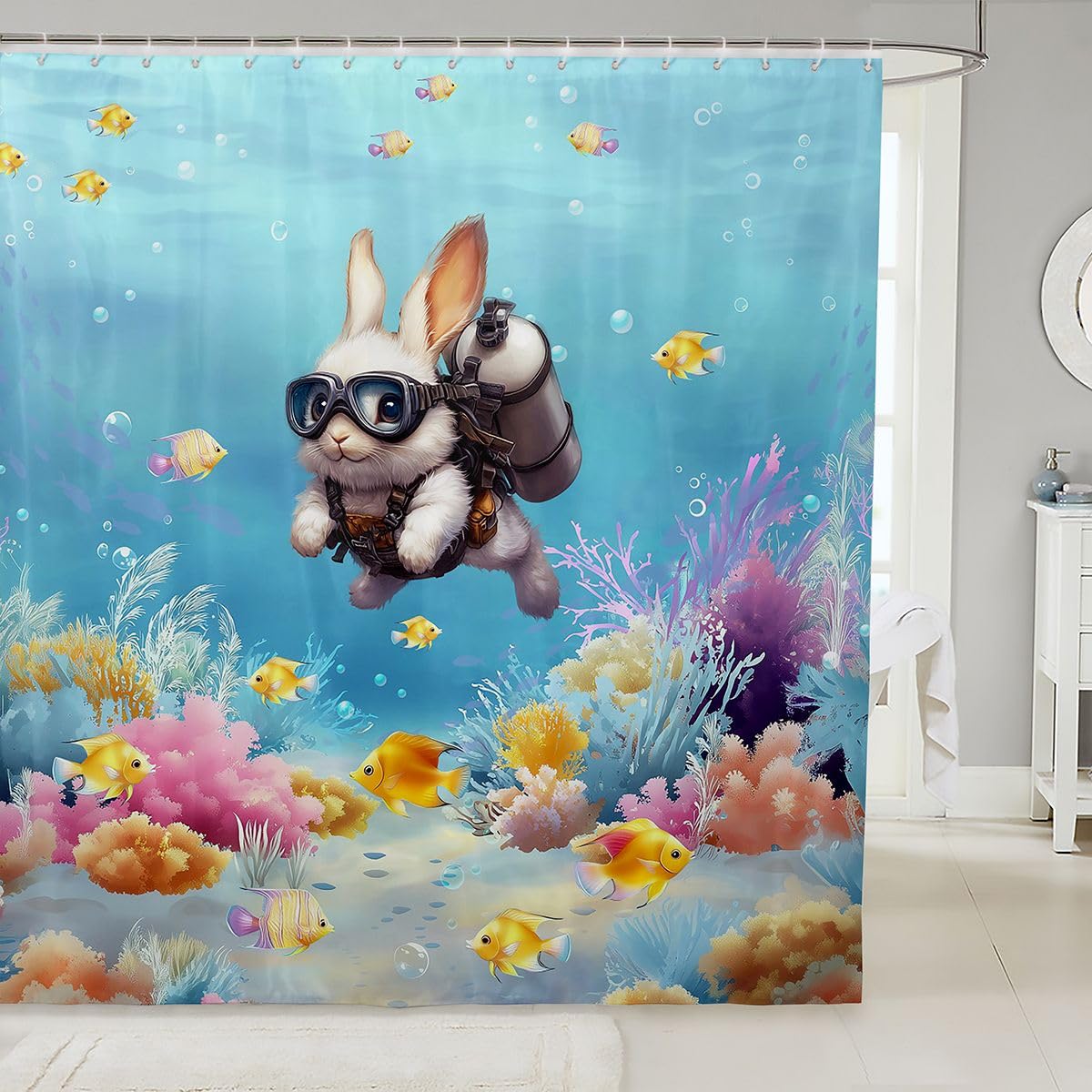 Homemissing Funny Rabbit Shower Curtain 180x180cm Diving Rabbit Bath Curtain for Bathroom Decor Fish Coral Bathroom Accessories Ocean Sealife