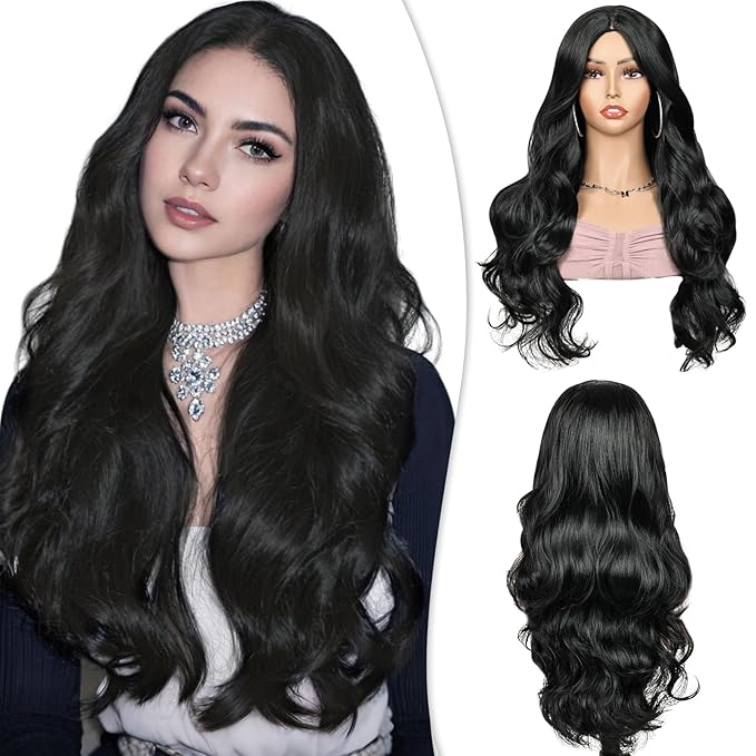 PHOCAS Long Black Wig Natural Black Body Wave Wigs for Women Wavy Curly Long Wig Wear and Go Synthetic Wigs for Daily Use 24inch/60cm