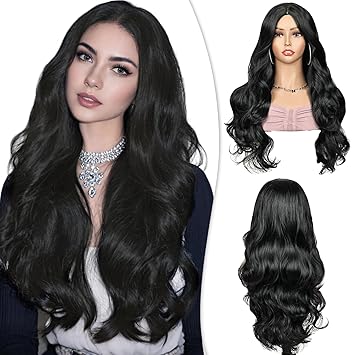 PHOCAS Long Black Wig Natural Black Body Wave Wigs for Women Wavy Curly Long Wig Wear and Go Synthetic Wigs for Daily Use 24inch/60cm