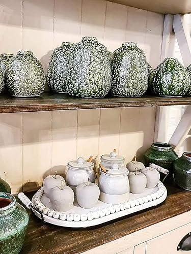 Miniatura 5 de Lavender Inspired Bandeja decorativa ovalada de madera, bandeja elevada de granja rústica con pedestal de cuentas de mango para mesa de café, cocina