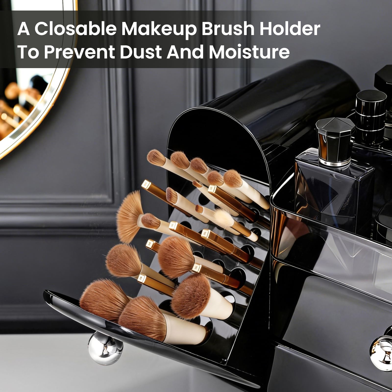 TRQWRO Makeup Organizer Countertop with Makeup Brush Holder,Black view 6