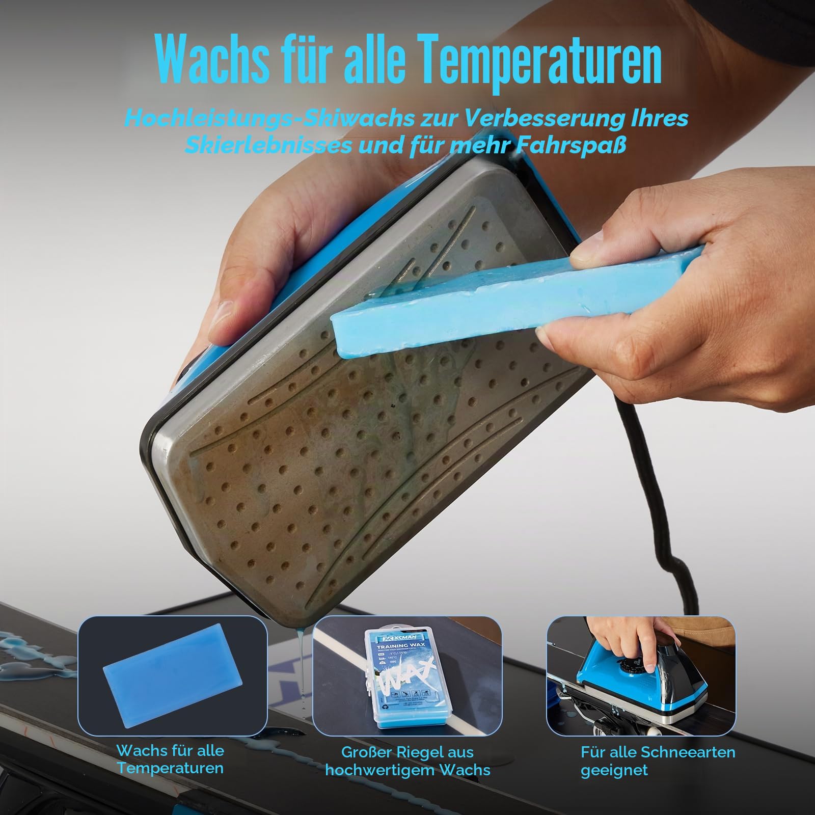 XCMAN Komplettes Ski-/Snowboard-Tuning-Kombi-Set mit Wachseisen, Skiwachs, Seitenbodenkanten-Stimmgerät, Ptex-Basis-Reparatur, Gummistein, Diamantsteine für Ski, Snowboard, EdgeTuning