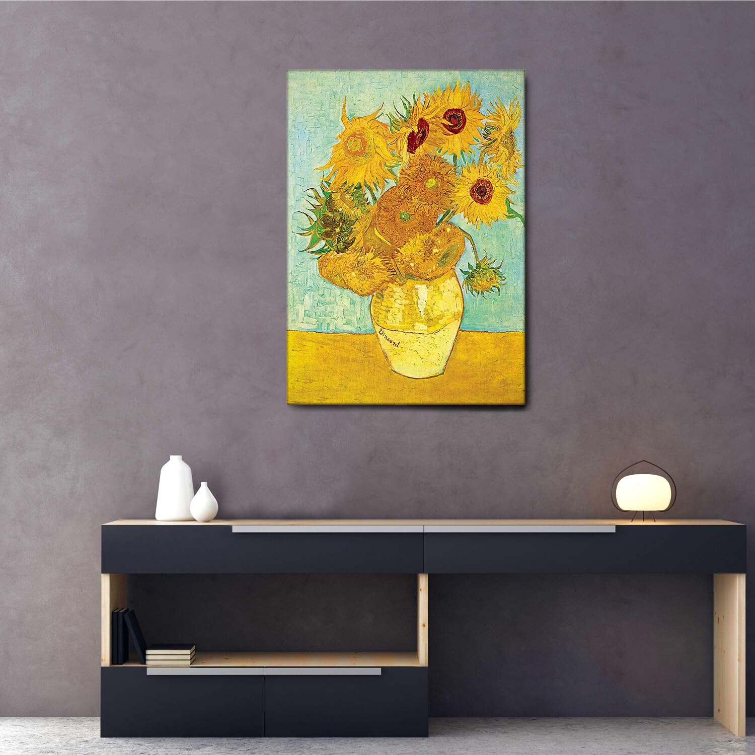 Giallobus - Cuadro - Vincent Van Gogh - Girasoles - Lienzo con marco estándar - 70L x 100l cm - Listo para colgar - Cuadros modernos