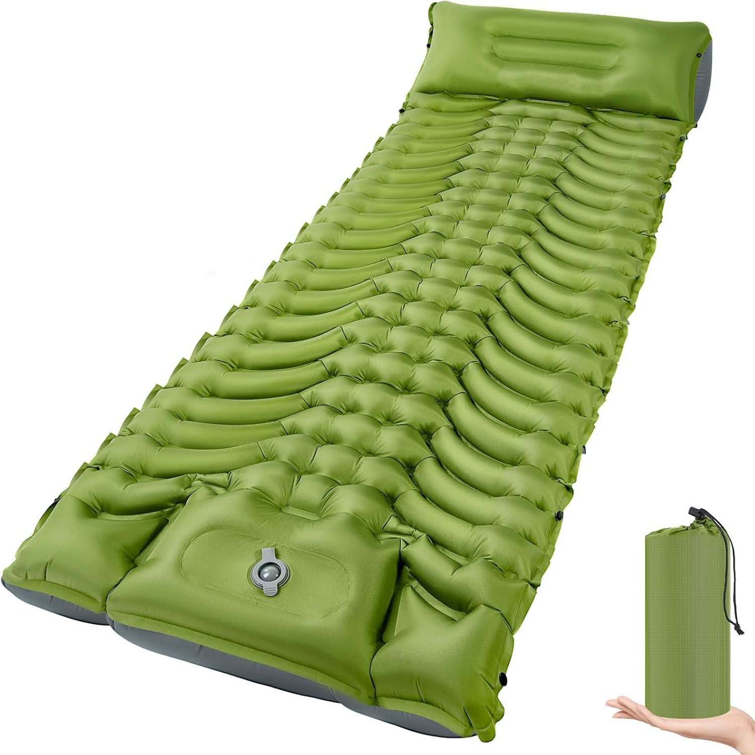 Matelas de camping gonflable avec oreiller, pompe à pied intégrée, tapis compact pour camping, randonnée, voyage, tente (vert)