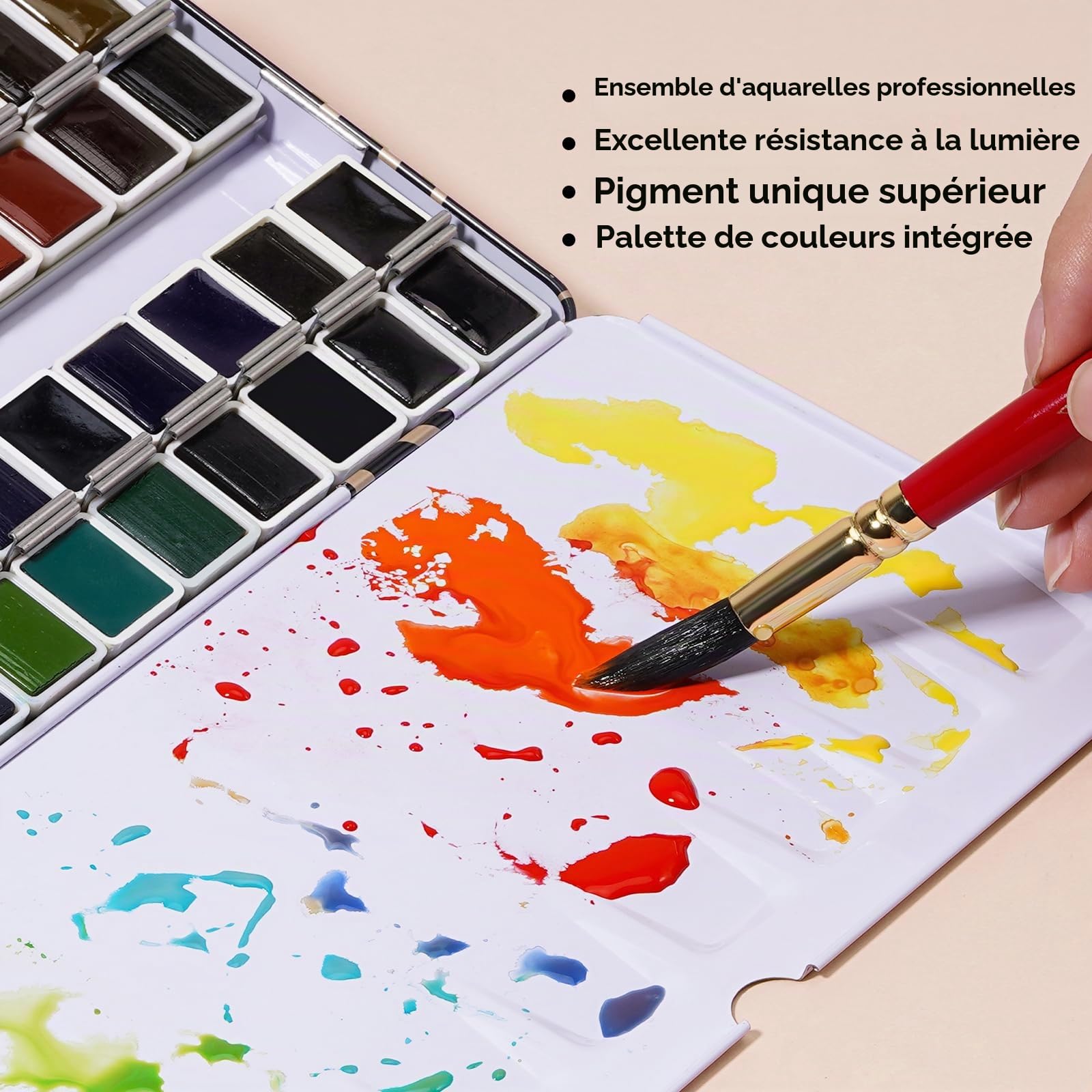 Paul Rubens Lot de 48 aquarelles Couleurs vives Haute transparence Excellente résistance à la lumière Kit d'aquarelle de voyage professionnel pour artistes