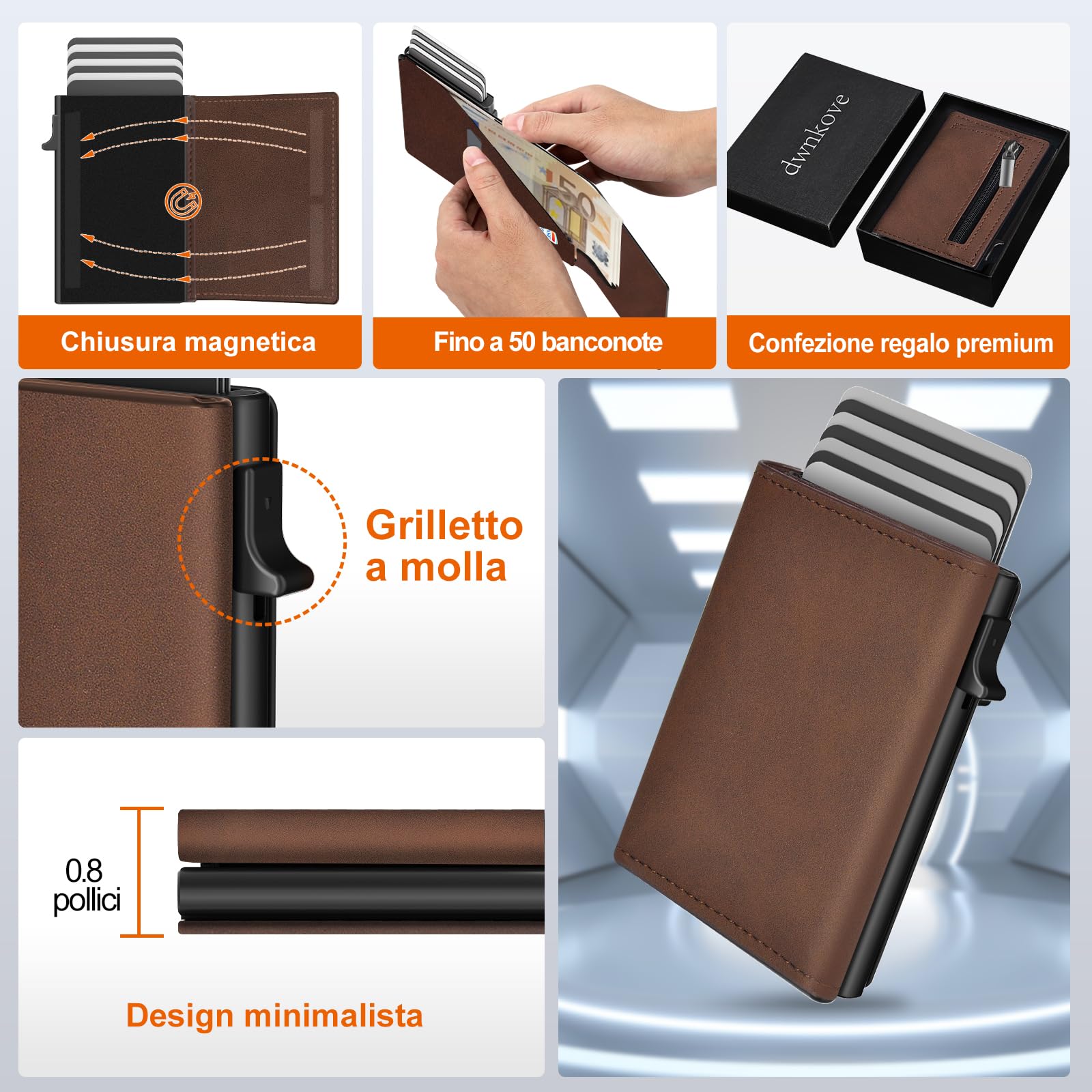 Portafoglio Uomo Slim, Porta Carte di Credito Uomo con Chiusura Magnetica e Tasca Portamonete, Portafoglio uomo Pelle, Portacarte Uomo Pop-up per 9-14 Carte | Finestra ID | Slot per Contanti Marrone
