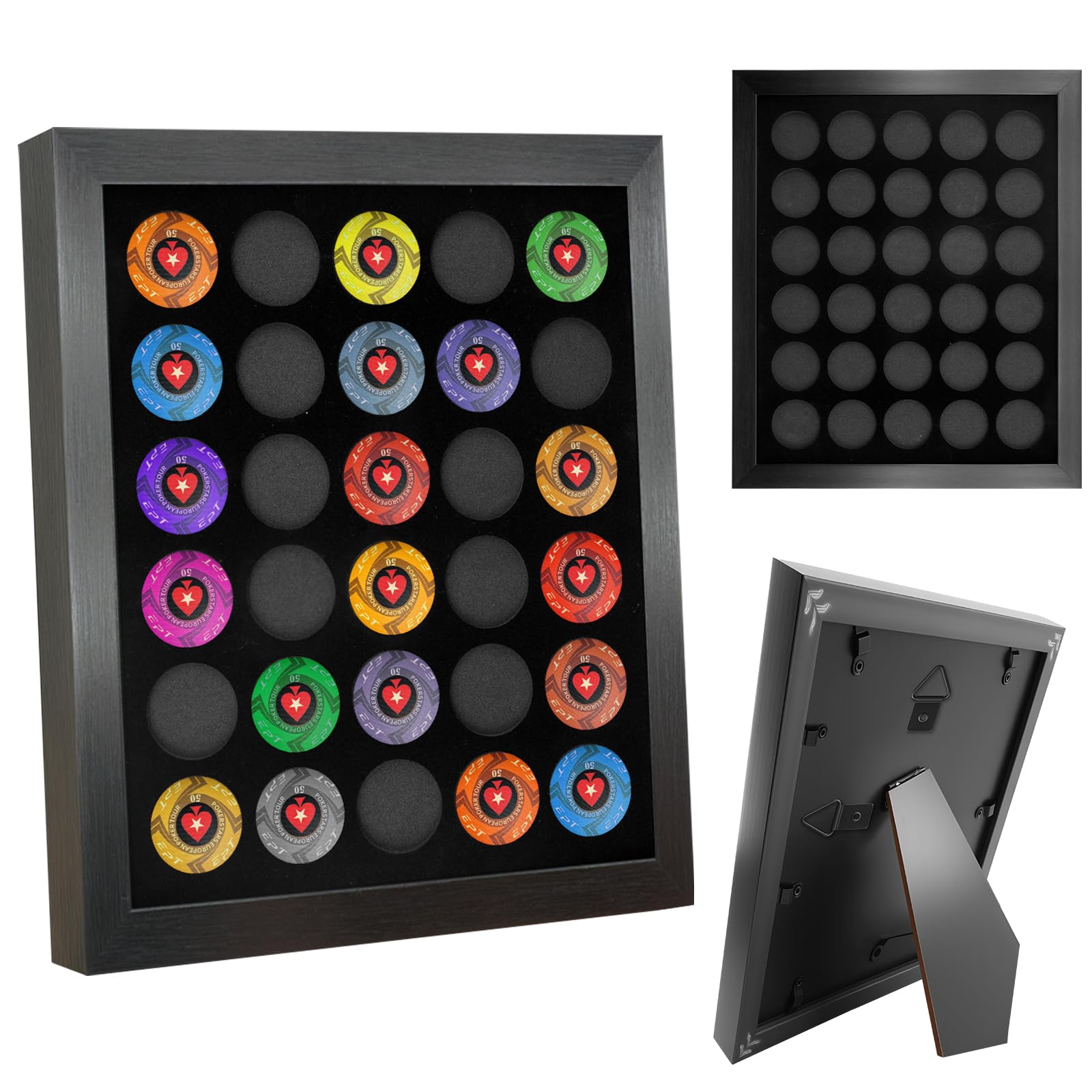 Casino Chip Display Case for 30 Chips, Poker Chips Holder Shadow Box, 11"x13" Wall Mount or Tabletop Display Frame for Collectors Souvenir Gift