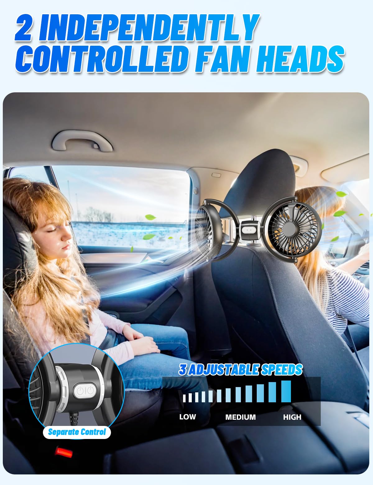 Ventilatore Auto A Doppia Testa Con Caricatore USB – 3 Velocità, Rotazione 360°, Braccio Pieghevole, Per Auto, SUV E Camper - 5