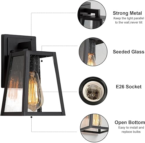 Miniatura 6 de Luces negras para porche al aire libre, luces de pared trapezoidales de granja para exteriores, lámpara exterior con vidrio sembrado, moderna,