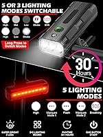 Vista 3 de Luces de bicicleta delanteras y traseras, juego de luces LED recargables para bicicleta de noche, 5+5 modos de iluminación, IPX5 impermeable, USB