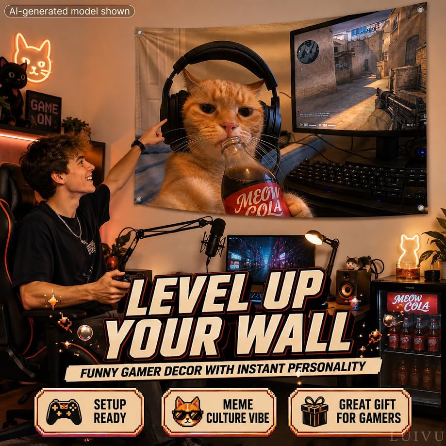 3x5 Feet Versatile Gamer Orange Cat Meme Flag with 4 Brass Grommets - Single Sided Aesthetic Wall Banner for Bedroom Room Guys - Polyester Funny Gaming Culture Poster for Room Teenagers or Man Cave image 4