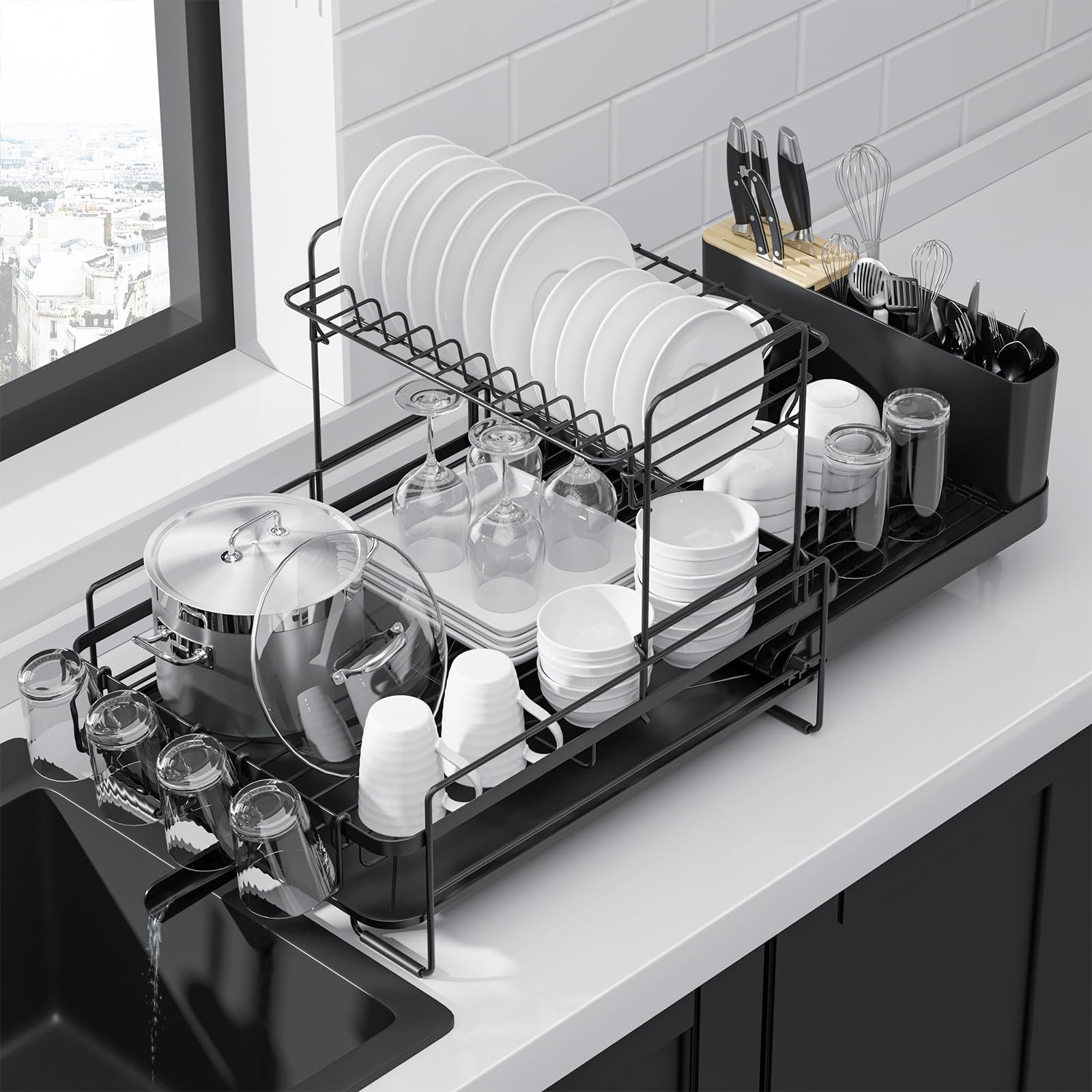 Kitsure Extendable Dish Drying Rack, 19.2"-26.7" L x 12.9" W, 2-Tier Global Recycled Standard Global Recycled Standard Global Recycled Standard