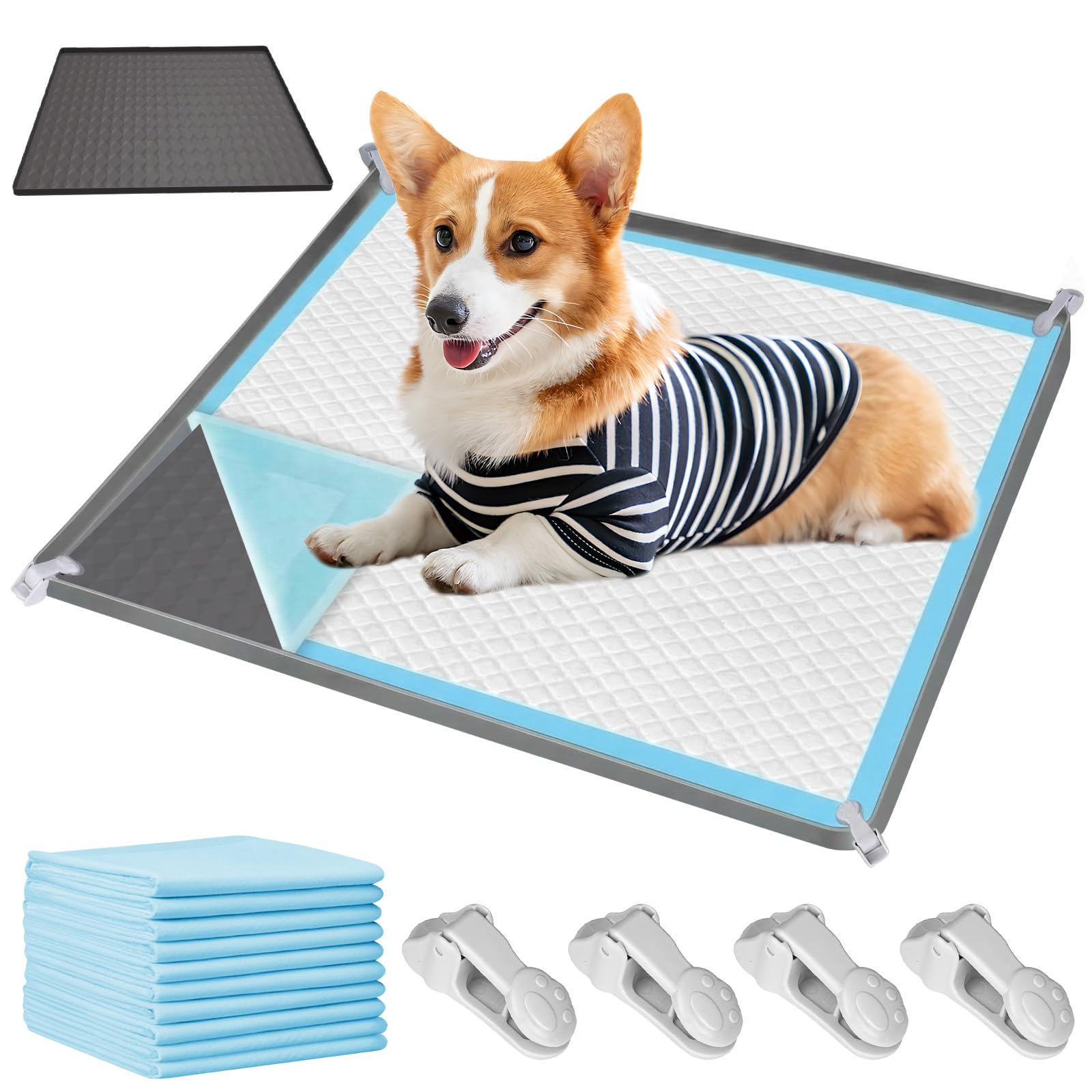 Pee Pad Holder for Dog - 60× 60cm Silicone Puppy Pad Holder with 4 Clamps & 10 Puppy Training Pads Raised Edges Non-Slip Puppy Potty Training Tray Dog Pee Mat Holders for Small Pet Travel Home Car