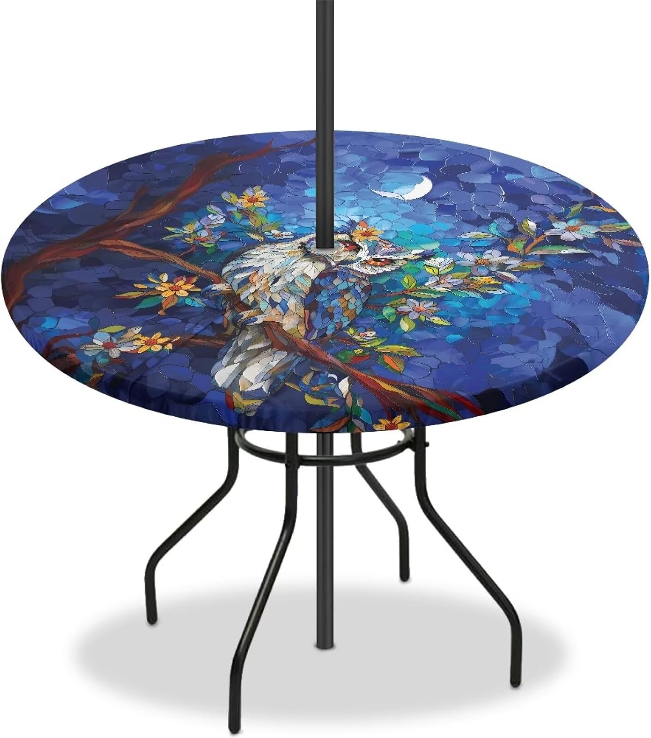 Pink Floral Round Tablecloth Zipper Table Cover for Patio Table with Umbrella Hole, 45-56 inch Diameter