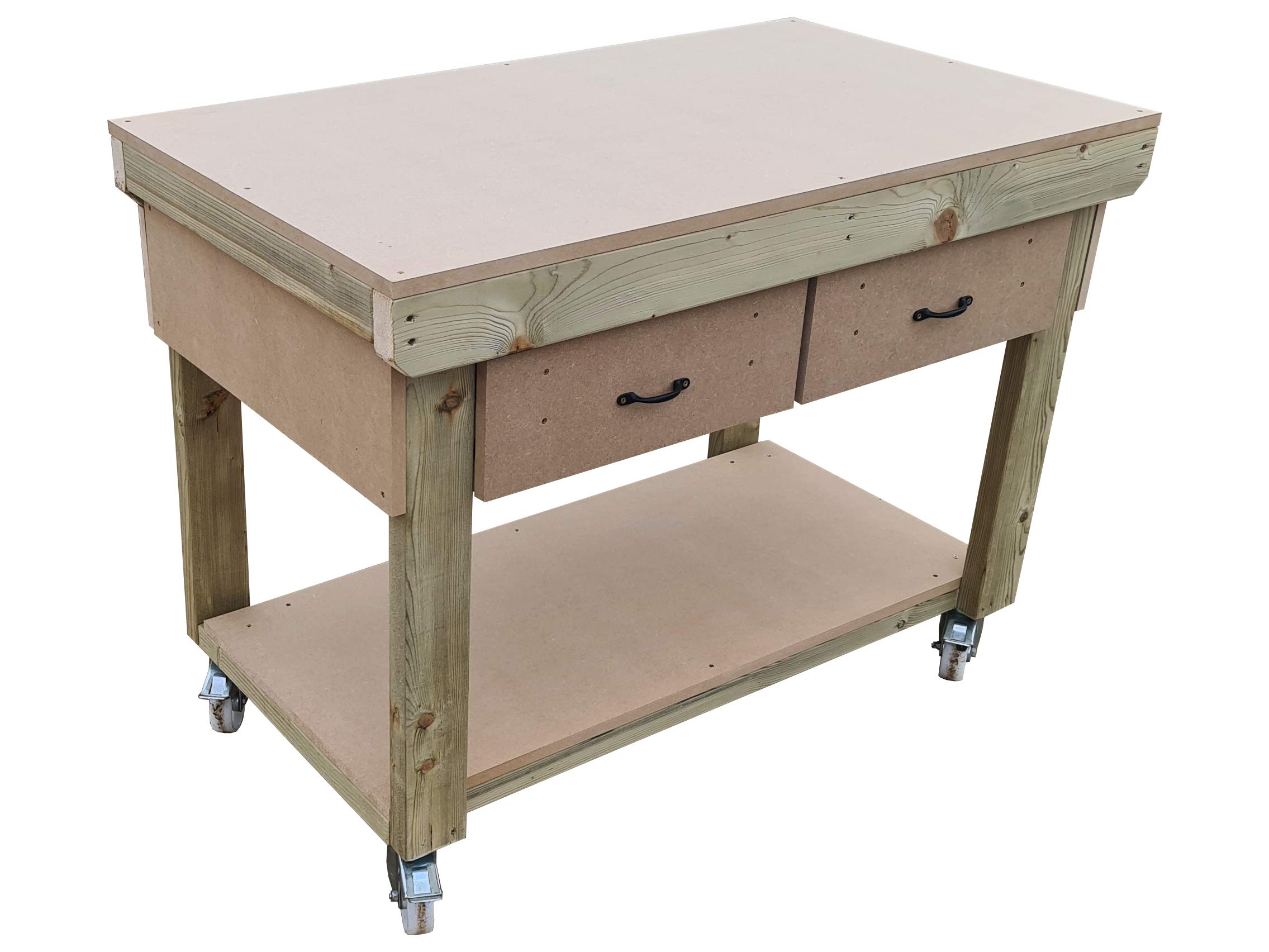 Arbor Garden Solutions Natural Wooden Workbench 18Mm Mdf Top With Drawers - Legs With Wheels - Industrial Heavy-Duty Garage Storage Table (4Ft)