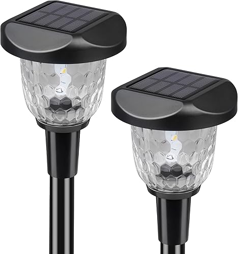 Paquete de 2 luces solares para camino, luces de cristal con estaca de paisaje que brillan hasta 12 horas para pasarela al aire libre, césped,
