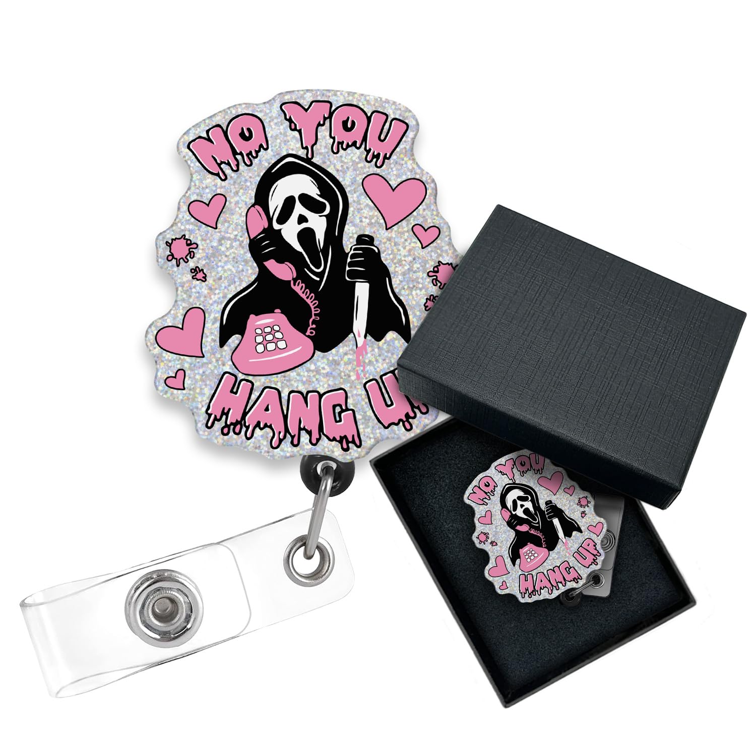 Cusrtyh,No You Hang Up Funny Badge Reel Retractable with Alligator Clip,Ghost Skull ID Name Badge Holder for Halloween Badge Reel Student Nursing