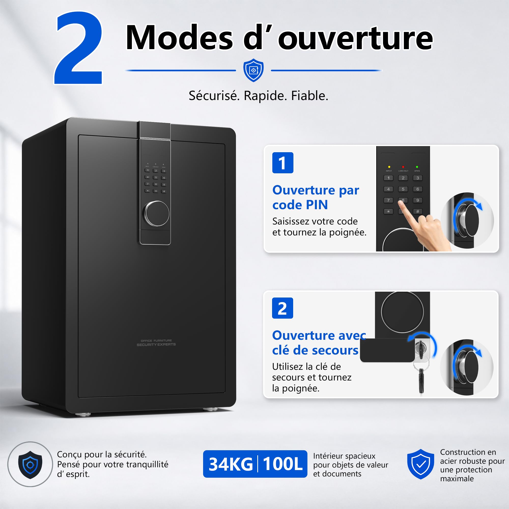 34KG Lourd Coffre Fort en Acier, 100L Coffre-fort Électronique avec Digitale Code et Clé, pour Maison et Bureau, Idéal pour Bijoux, Argent et Documents A4, Notice en Français (Blanc,100L)