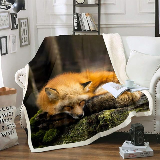 Loussiesd Kids Sherpa Throw Blanket Fox Print Fleece Blanket 3D Animal Theme Plush Blanket for Sofa Bed Nature Woodland Fox Fuzzy Blanket Single 50"x60"