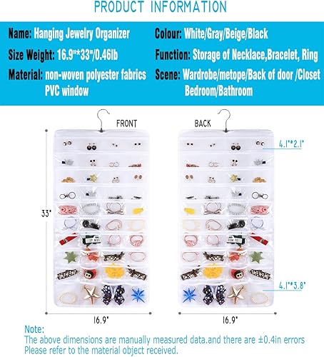 Miniatura 9 de AARAINBOW Paquete de 2 organizadores de joyas colgantes de doble cara, 128 bolsillos y 8 cintas mágicas, organizador de accesorios para aretes,