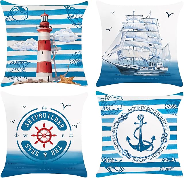 Bonhause Nautical Anchor Cushion Covers 45cm x 45cm Set of 4 Lighthouse Sailboat Decorative Blue Throw Pillow Covers Soft Velvet Pillowcases for Couch Indoor Outdoor Decor