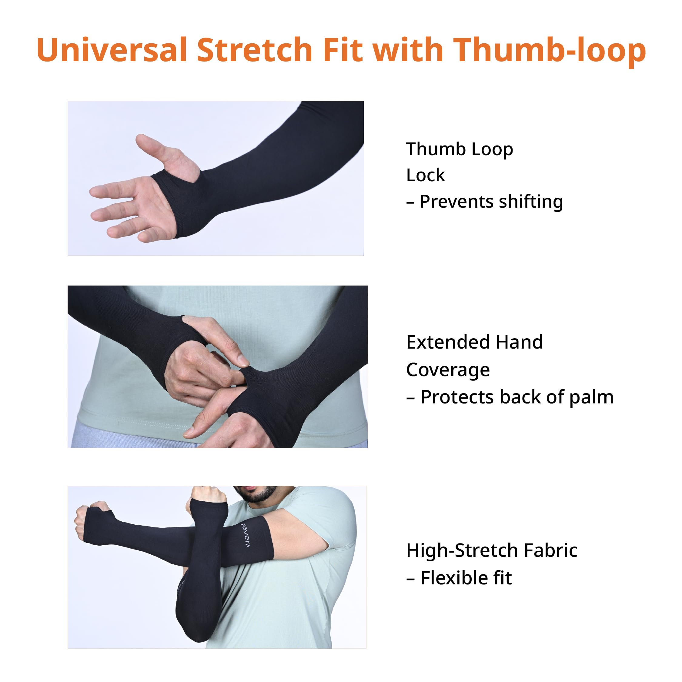 FOVERA UV Sun Protection Arm Sleeves with Thumb Loop for Men & Women – UPF 50+ Cooling Hand Cover for Biking, Cricket, Driving & Cycling – Tan Protection Guard (Black, 1 Pair) 1