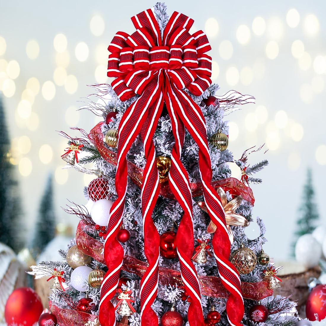 Christmas Tree Topper Bow Large Red Christmas Wreath Bow Tree Topper, Flocking Fabric with White Raw Edge Gift Bows for Xmas Ornament Holiday Home Thanksgiving Indoor/Outdoor Decor 52x13 Inches - Image 4