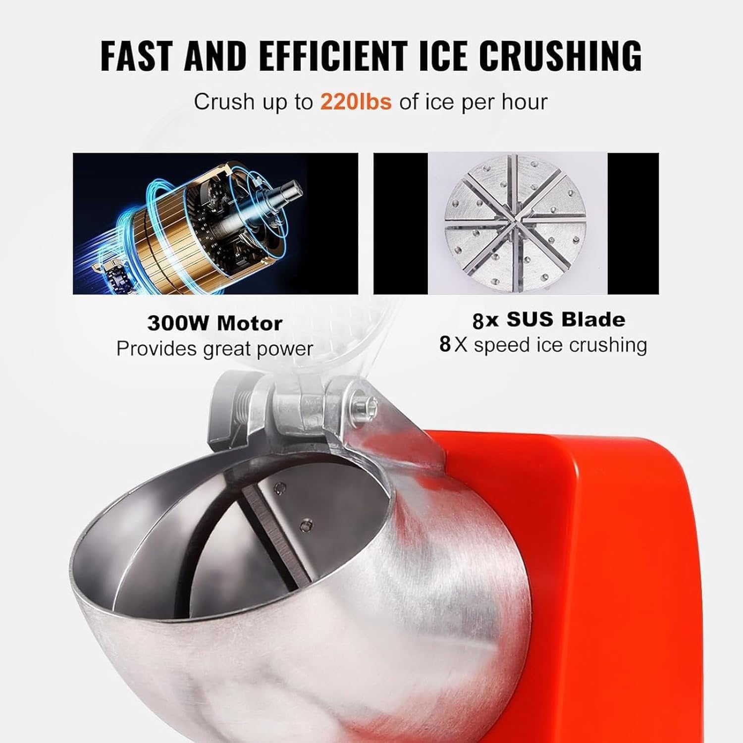 Komercyjna kruszarka do lodu 300W Heavy Duty Stainless Steel Snow Cone Maker z osłoną przed splashem do barów Restauracje Home Wysoka wydajność Ogolona maszyna do lodu