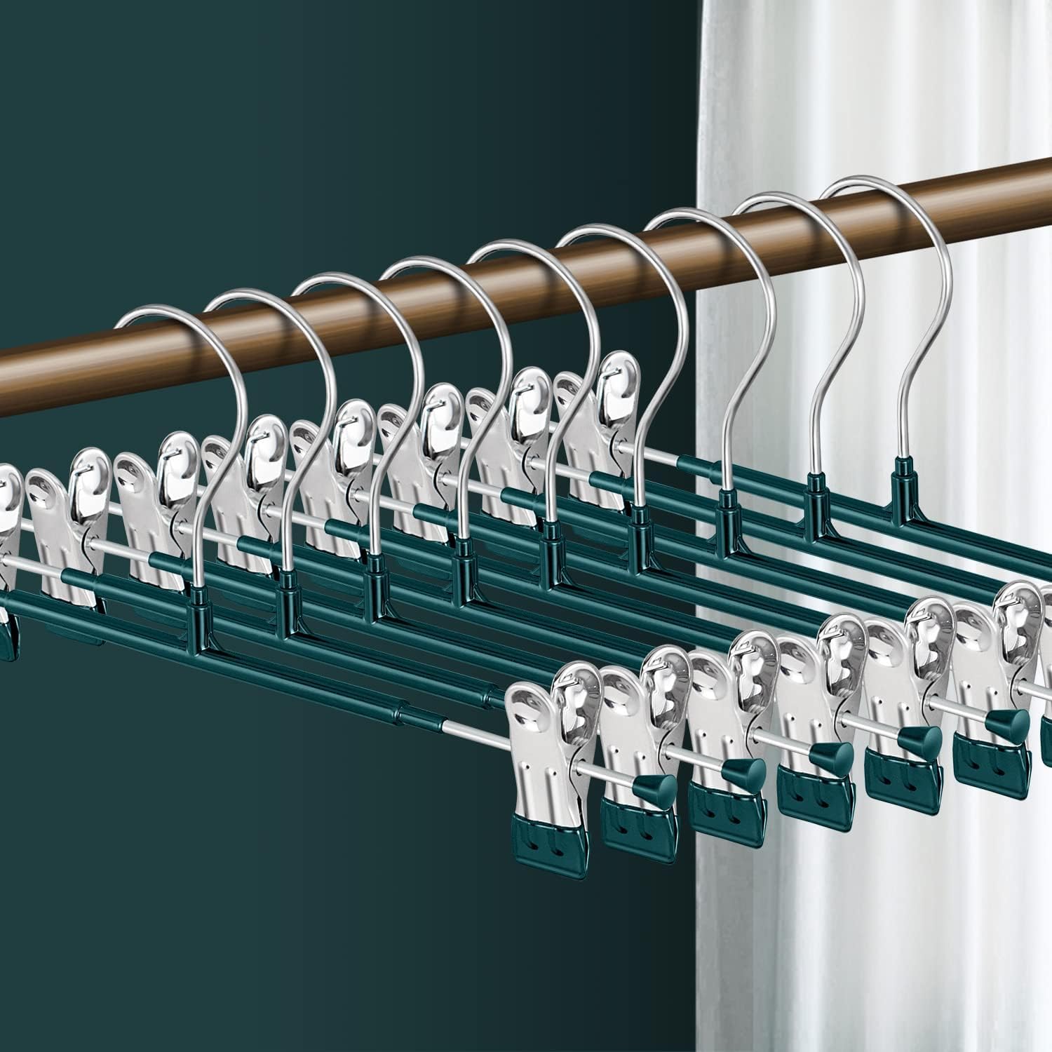 clines Pants Hangers,10 Pack Adjustable Skirt Hangers Metal Pants Hangers, Heavyduty, Non Slip Slimline, Space-Saving Skirt Holders with 360 ° Swivel Hooks, Adjustable Clips, Trouser Hangers (Green)
