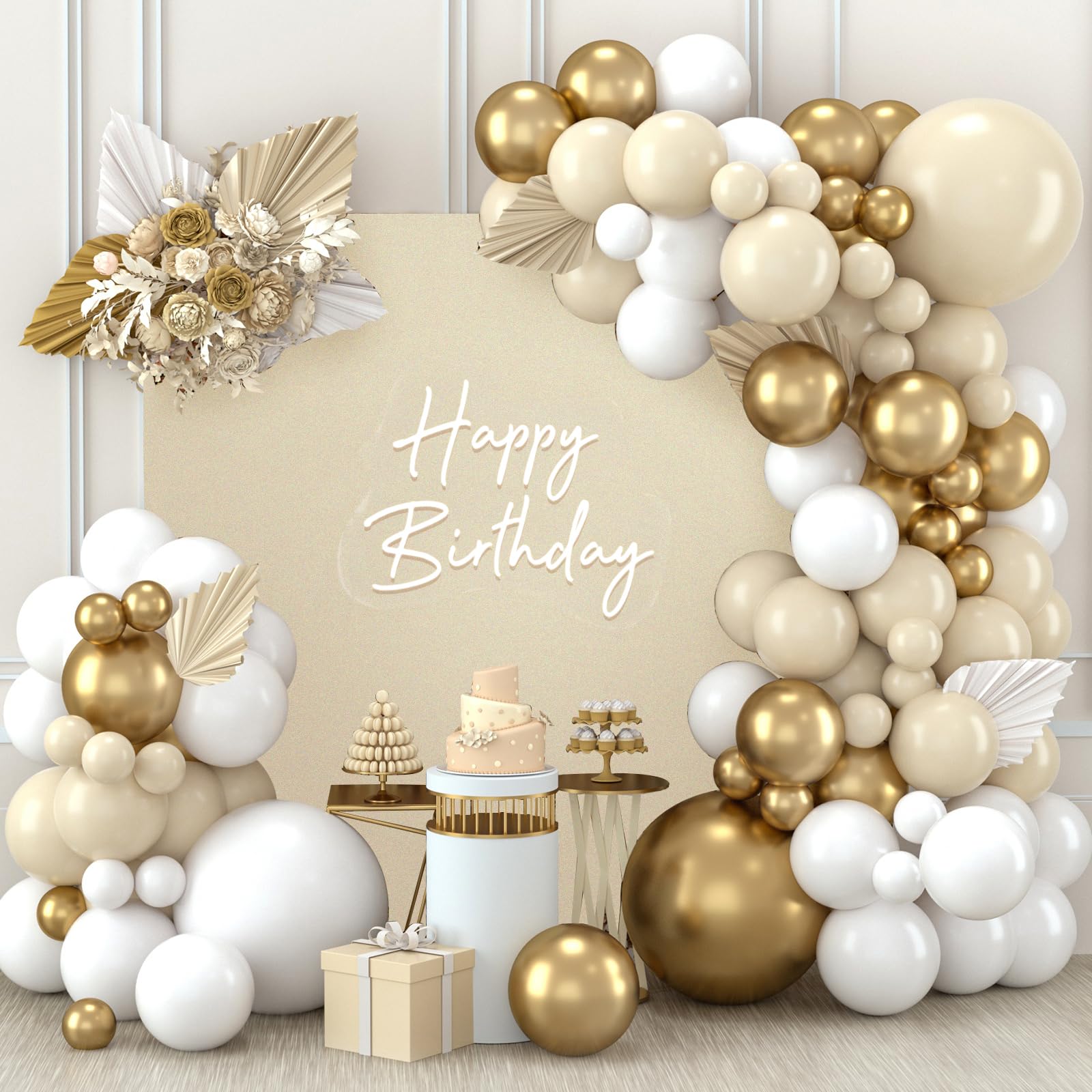 Kit Arco Globos Oro Blanco, 111pcs Guirnalda Globos Arena Blanca y Dorada con Globos Beige para Cumpleaños Fiesta, Baby Shower, Boda Bohemia, Bautizo Bebe, Compromiso, Aniversario