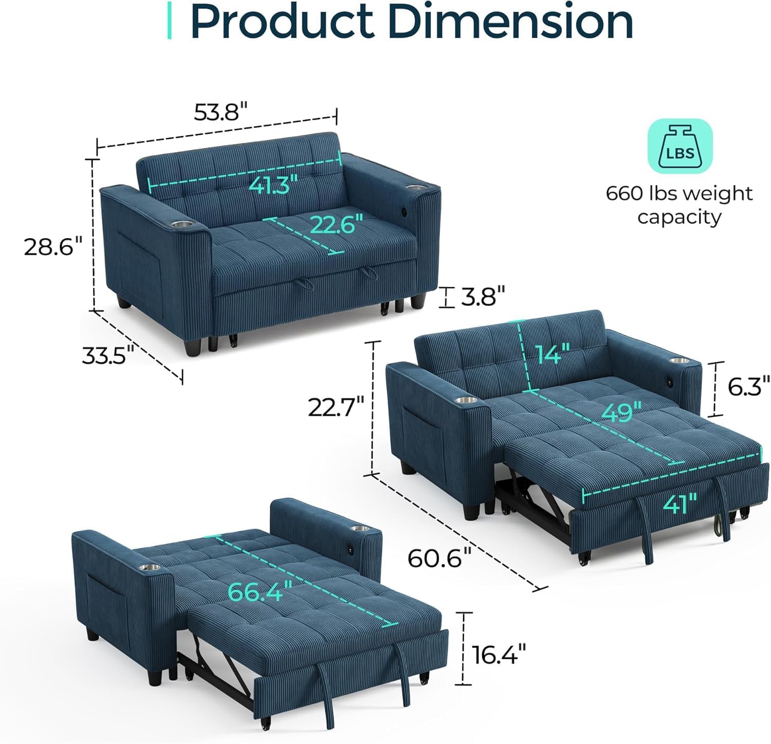LINSY Sleeper Sofa Bed, 54" Pull Out Couch with Charging Station & Cup Holder, Small 3 in 1 Convertible Loveseat Sleeper Couch for Apartment, Dorm Room, Bedroom and Small Space(Corduroy Blue)