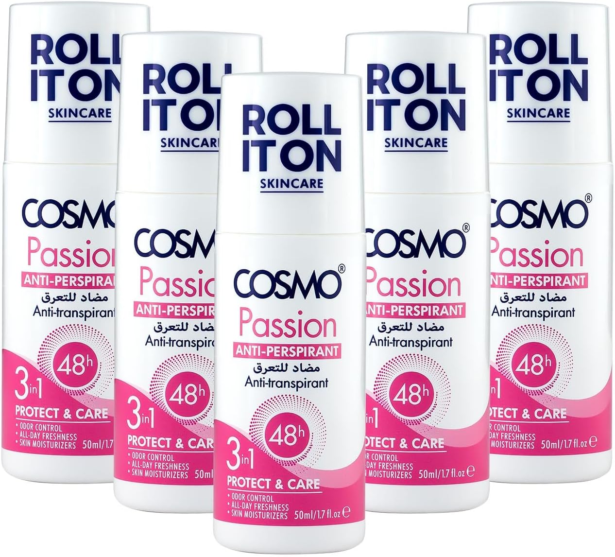 Cosmo Roll it On,Advanced protection (pack of 5) Antiperspirant, Passion5 x 50ml for men and Women, Quick Dry, 5 peice Pack for Sweat Protection, Odor Control,Anti Bacterial. 5 x 65 ml Pack.
