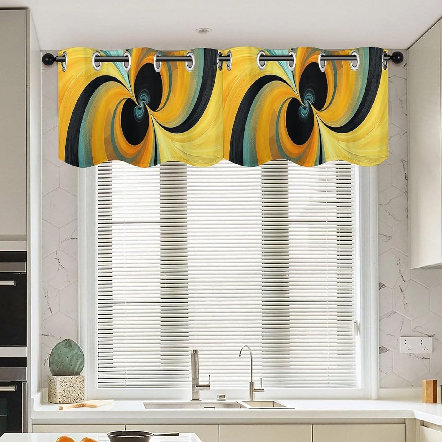 Black Round Shape Valance for Windows, 2 Pack Kitchen Curtains Modern Home Decor, Soft Blackout Window Curtains for Living Room & Bedroom, 18 X 52 Inch