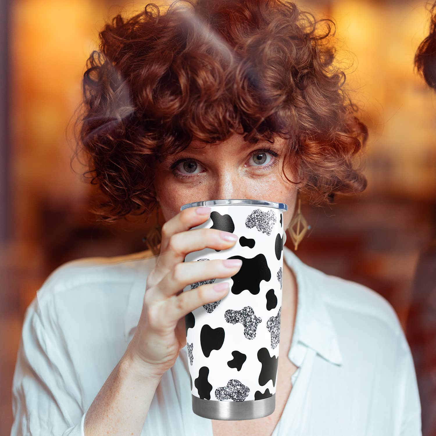 Personalized Cow Print Tumbler With Initial Letter - Glitter Black & White 20oz Stainless Steel Insulated Cup, Unique Gift For Women