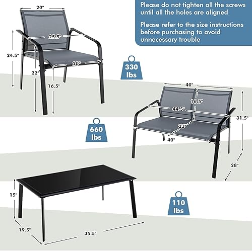 Miniatura 5 de Tangkula Juego de muebles de patio de 4 piezas, juego de conversación al aire libre con mesa de centro de vidrio templado, juego de bistró al aire