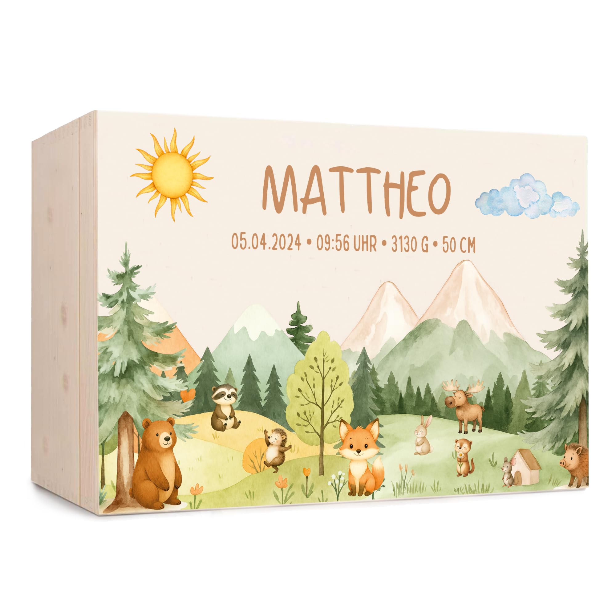 Erinnerungsbox Baby, personalisierte Holzkiste mit Klappdeckel, Aufbewahrung von Erinnerungen, Geschenk zur Geburt und Taufe, Geburtsgeschenk Jungen und Mädchen (Waldtiere Landschaft, 40x30x22 cm)