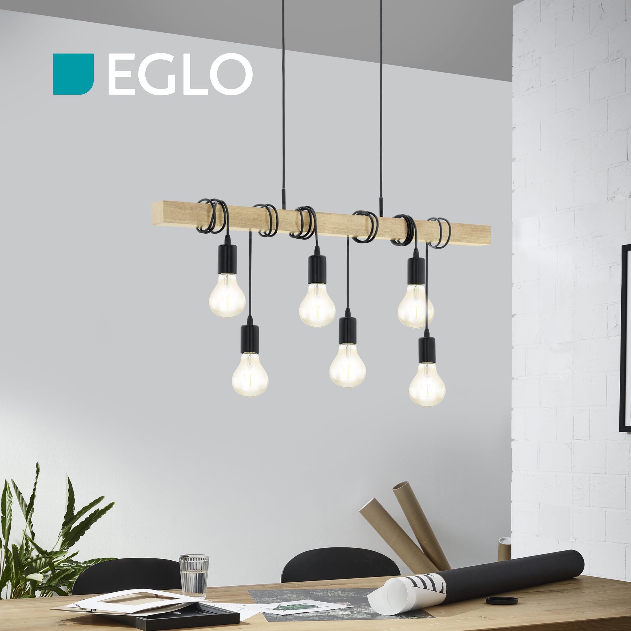 Lustre Suspendu EGLO Townshend 6 Lampes - Design Vintage Industriel Bois Et Acier Noir - Longueur 100cm, Hauteur Réglable