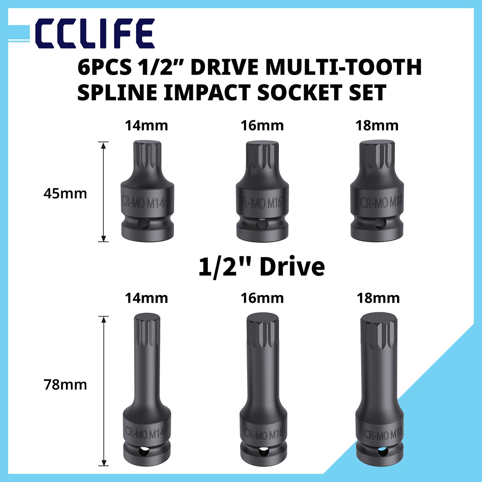 CCLIFE Spline Impact 6-częściowy zestaw kluczy nasadowych 1 2", klucz nasadowy M14, M16, M18, wielozębowe, końcówki do bitów CR MO, krótkie, długie