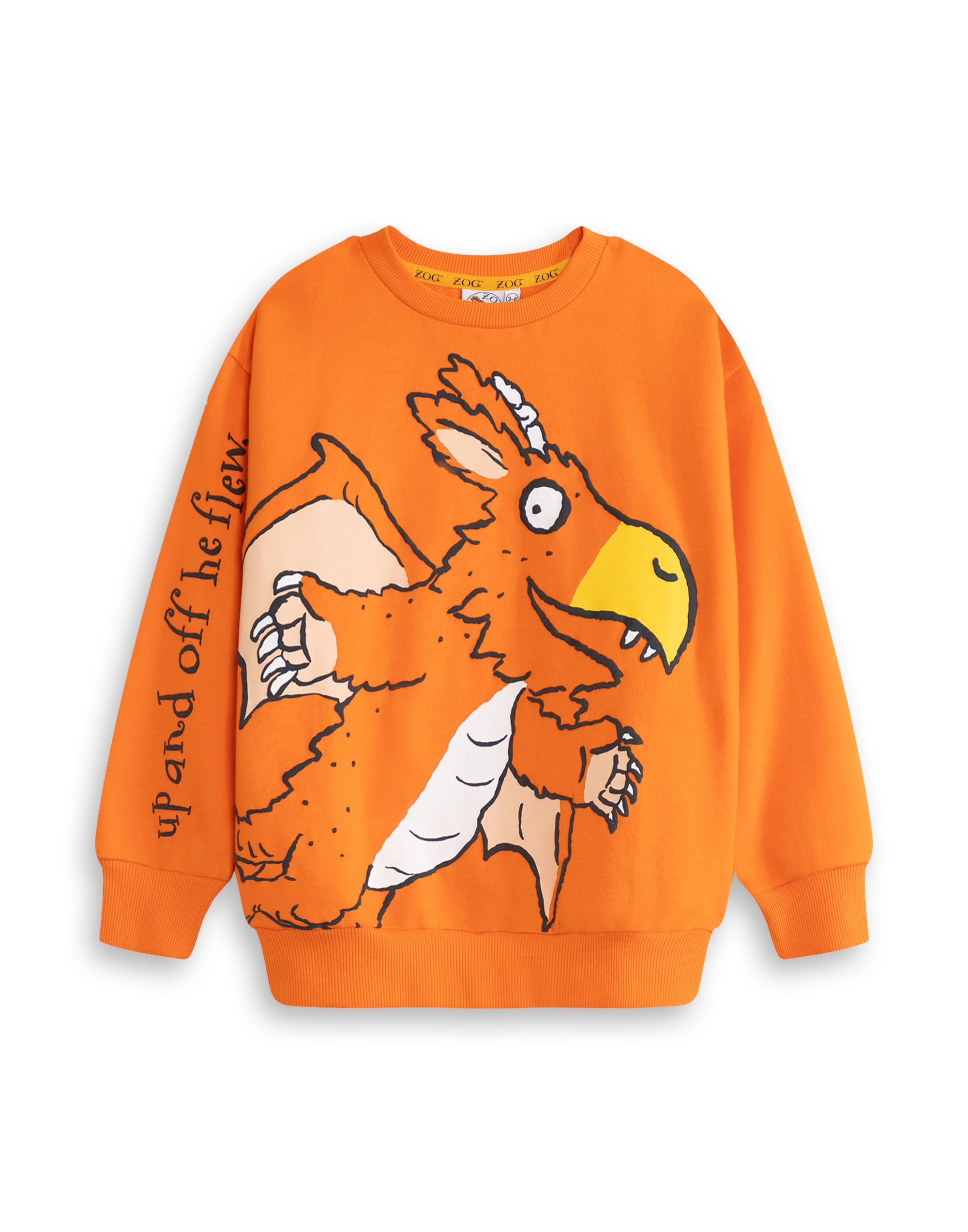 Gruffalo Zog Unisex Kids Orange Sweatshirt | Long Sleeve Crew Neck Pullover with 'Up and Off He Flew' Cartoon Print | Fun Streetwear for Playtime & Everyday Wear | Zog Merch - 2-3 Years