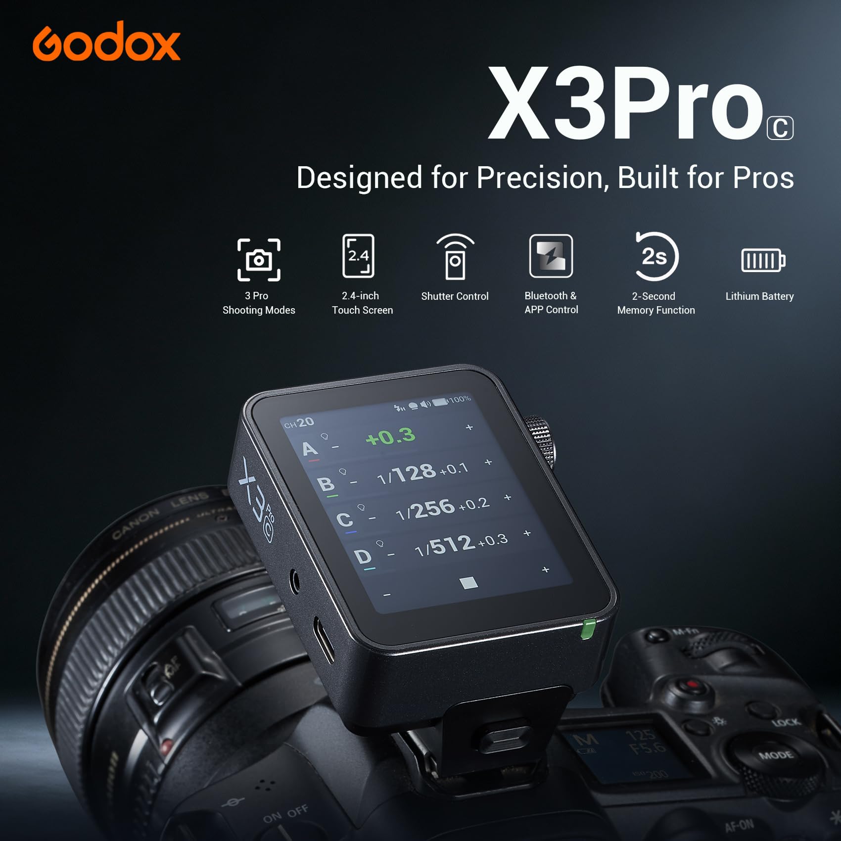 GODOX X3Pro C X3Pro-C Déclencheur de Flash pour Appareil Photo Canon, 2.4GHz Sans Fil Flash Trigger Transmetteur avec LCD Écran Touch, Déclencheurs à Distance Prise en Charge du Contrôle APP Bluetooth