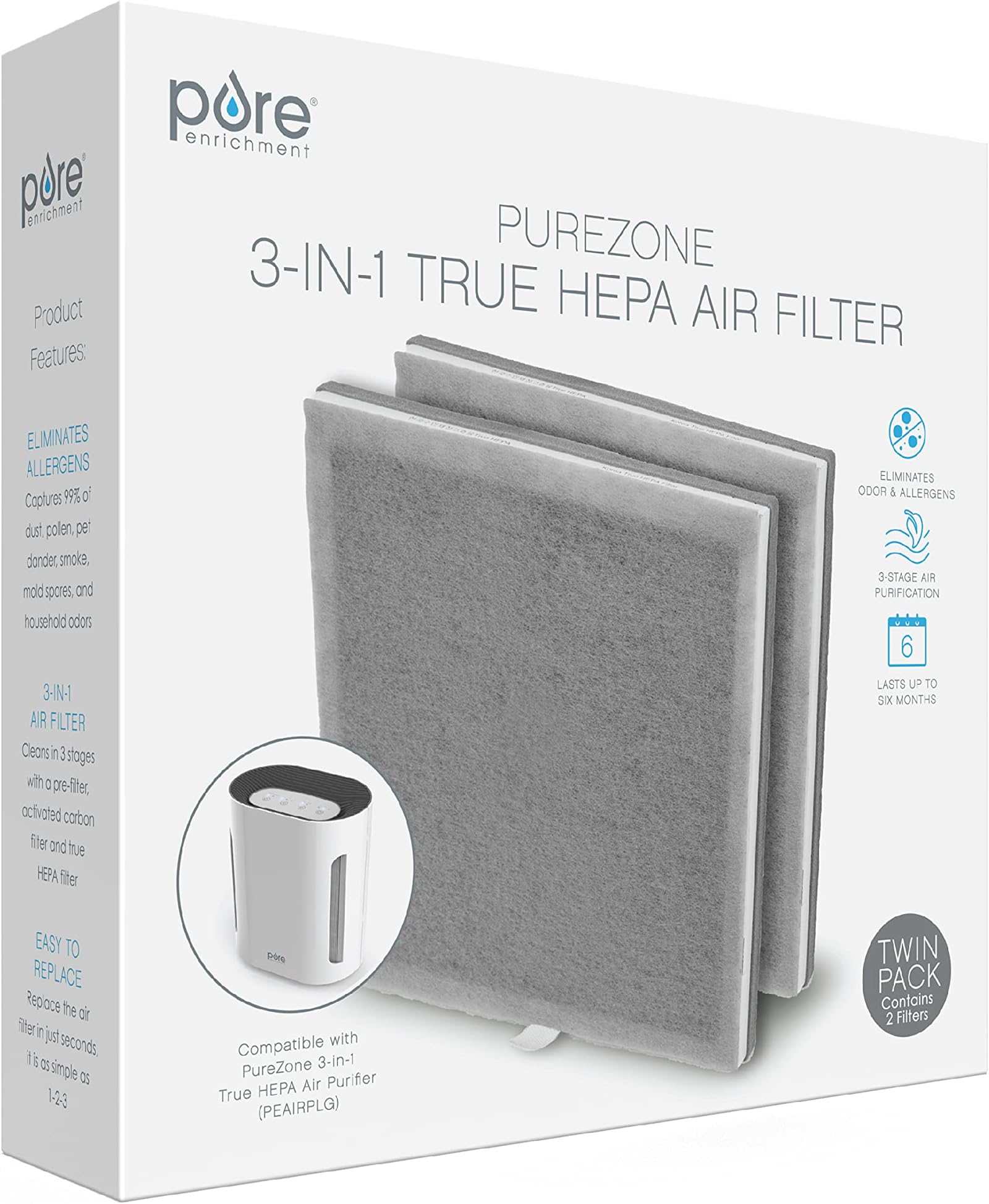Pure Enrichment Genuine 3-in-1 True HEPA Replacement Filter for the PureZone Air Purifier - 2 Pack (PEAIRPLG)