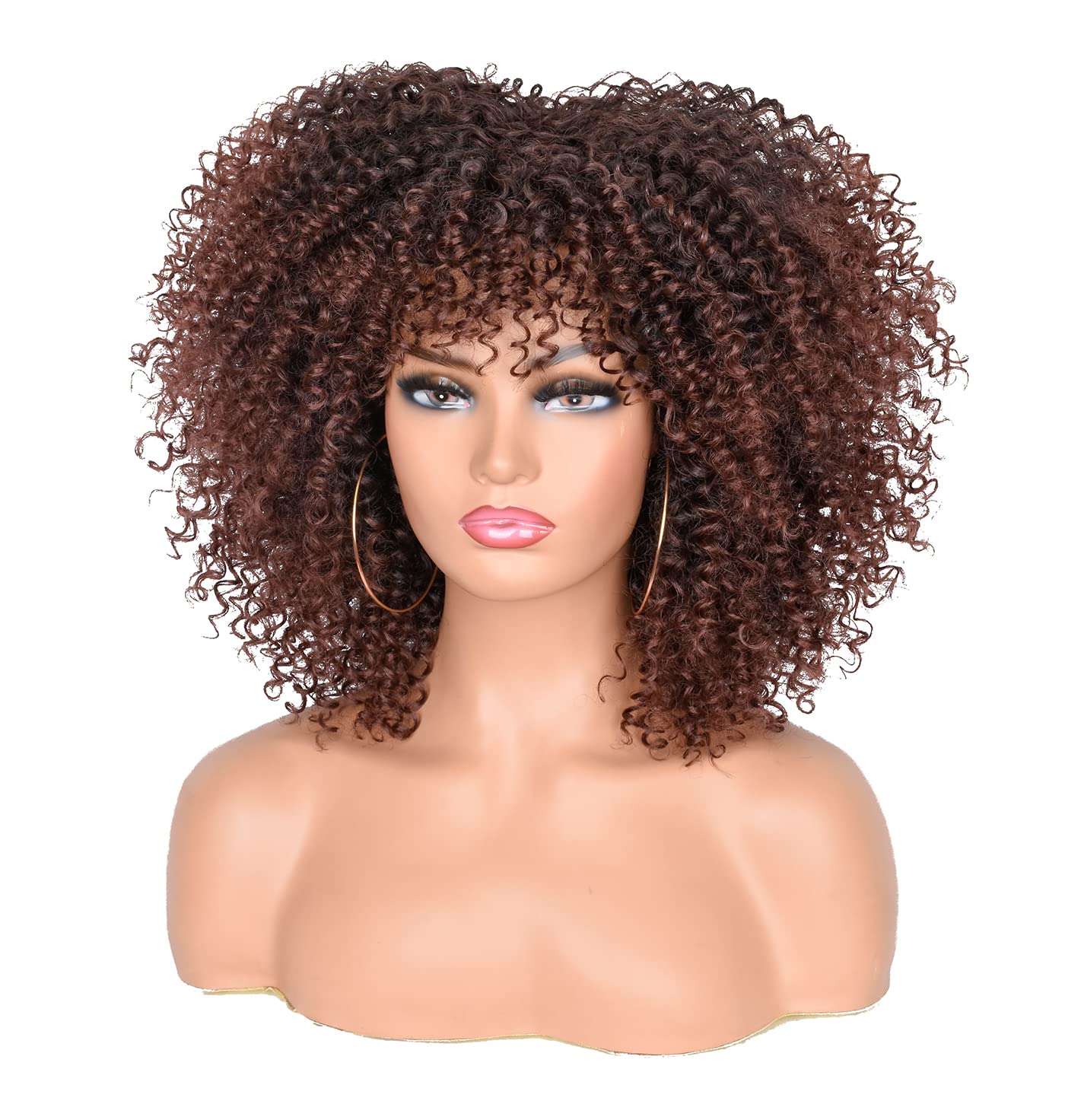 CoCrowns 10Inch Short Curly Afro Wigs with Bangs Bomb Afro Kinky Curly Wig for Black Women Synthetic Fiber Full Wig (Dark Brown) - Image 3