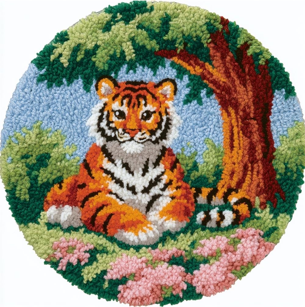 Round Latch Hook Rug Kit Tiger Under A Tree 20X20Inch (50X50Cm) Patterns Diy Crochet Round Carpet For Adults Beginners, Pre-Printed Canvas Yarn Rug Hooking Kits, Creative Craft Home Decor I
