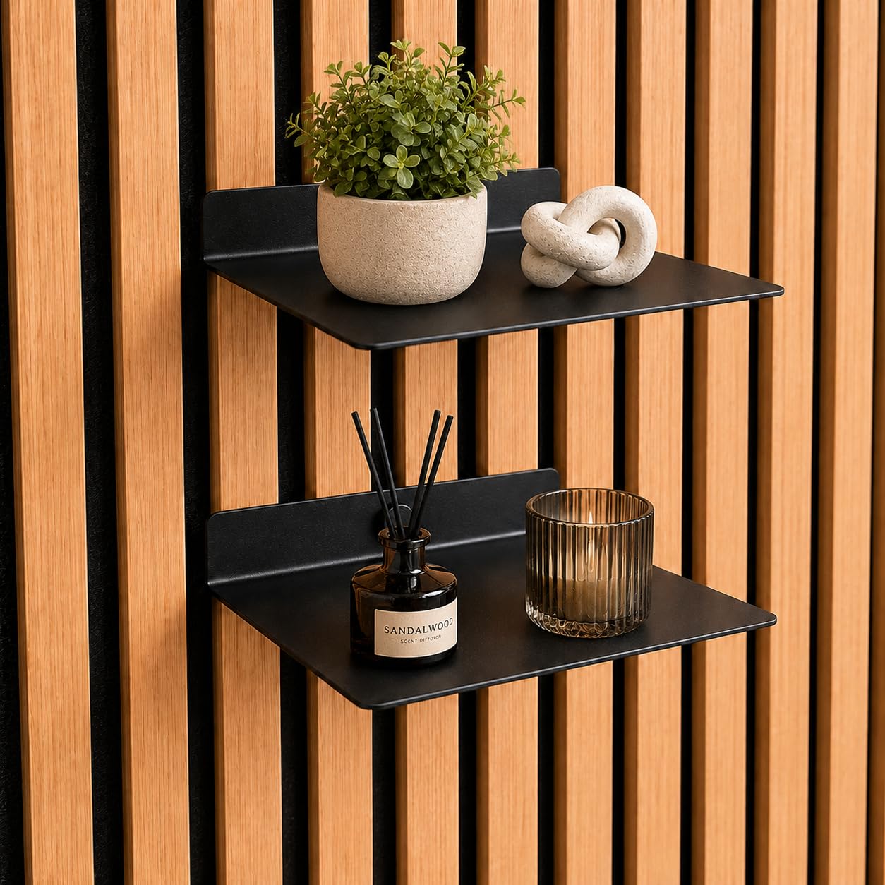 Acoustic Panel Shelf No Drilling – 15 cm, 2 Pack Universal – Floating Metal Wall Shelf Black Matt – Acoustic Panel Accessories & Ledge for Decor & Plants – for Slat Wall & Akupanel