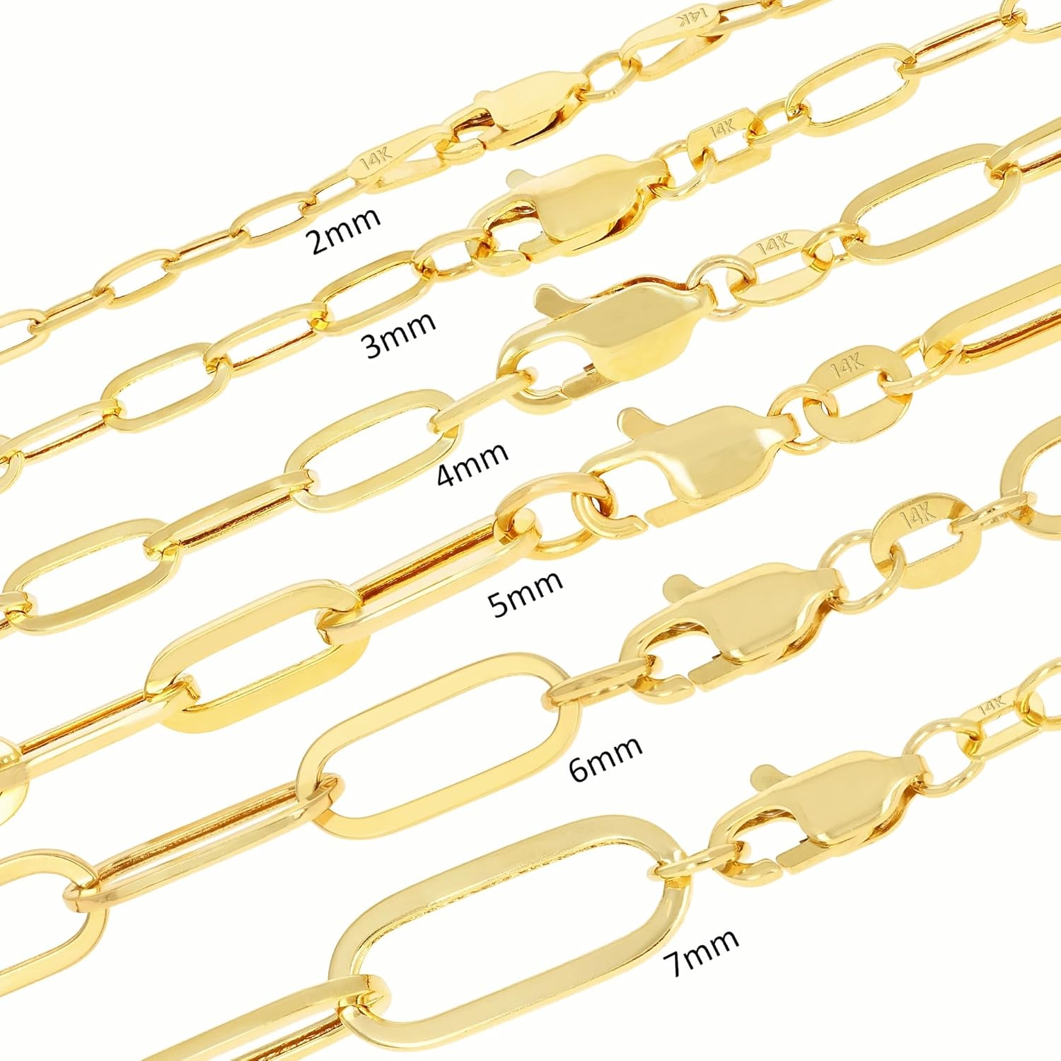 Nuragold 14K Real Yellow Gold Paperclip Chain Elongated Cable Link Bracelet 7"-8" (2mm-7mm) Italian Jewelry for Men & Women