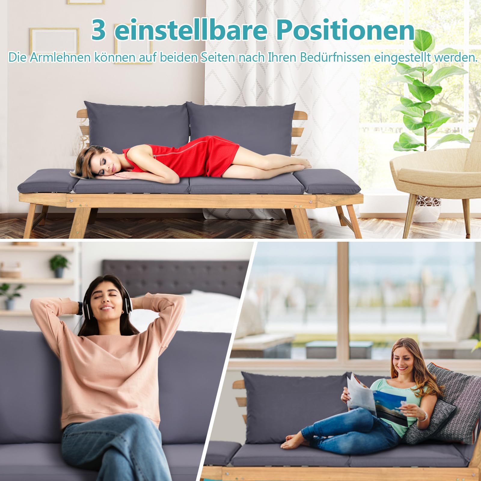 GOPLUS Gartensofa mit Liegefunktion, Gartenbank Holz, 2-3 Sitzer Holzbank mit klappbaren Seitenlehnen, inkl. Auflage, Balkonbank, Sitzbank Outdoor für Garten, Terrasse, Balkon, 157 x 75 x 75cm (Grau)