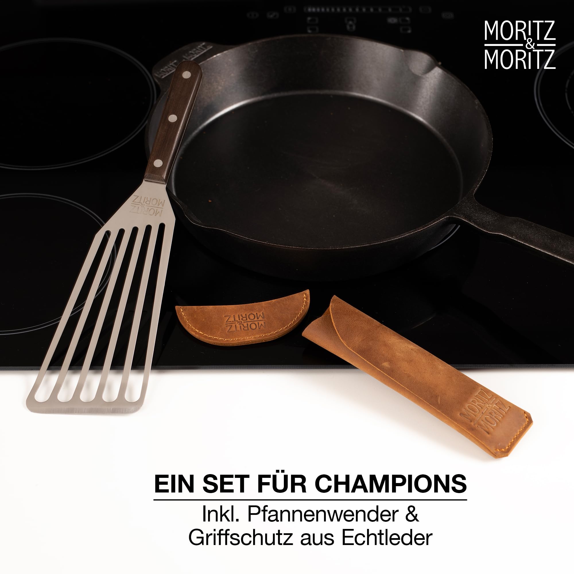 Moritz & Moritz Gusseisenpfanne Induktion 28 cm - Voreingebrannte Antihaft Pfanne Gusseisen Induktion für alle Herdarten, Ofen & Grill geeignet - Inkl. Pfannenwender - Cast Iron Pan Induction