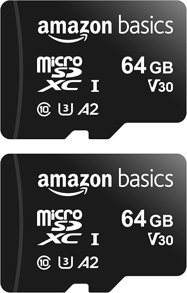 Amazon Basics Tarjeta de memoria microSDXC con adaptador de tamaño completo, A2, U3, velocidad de lectura de hasta 100 MB/s, 64 GB, negra (paquete de 2) - 1