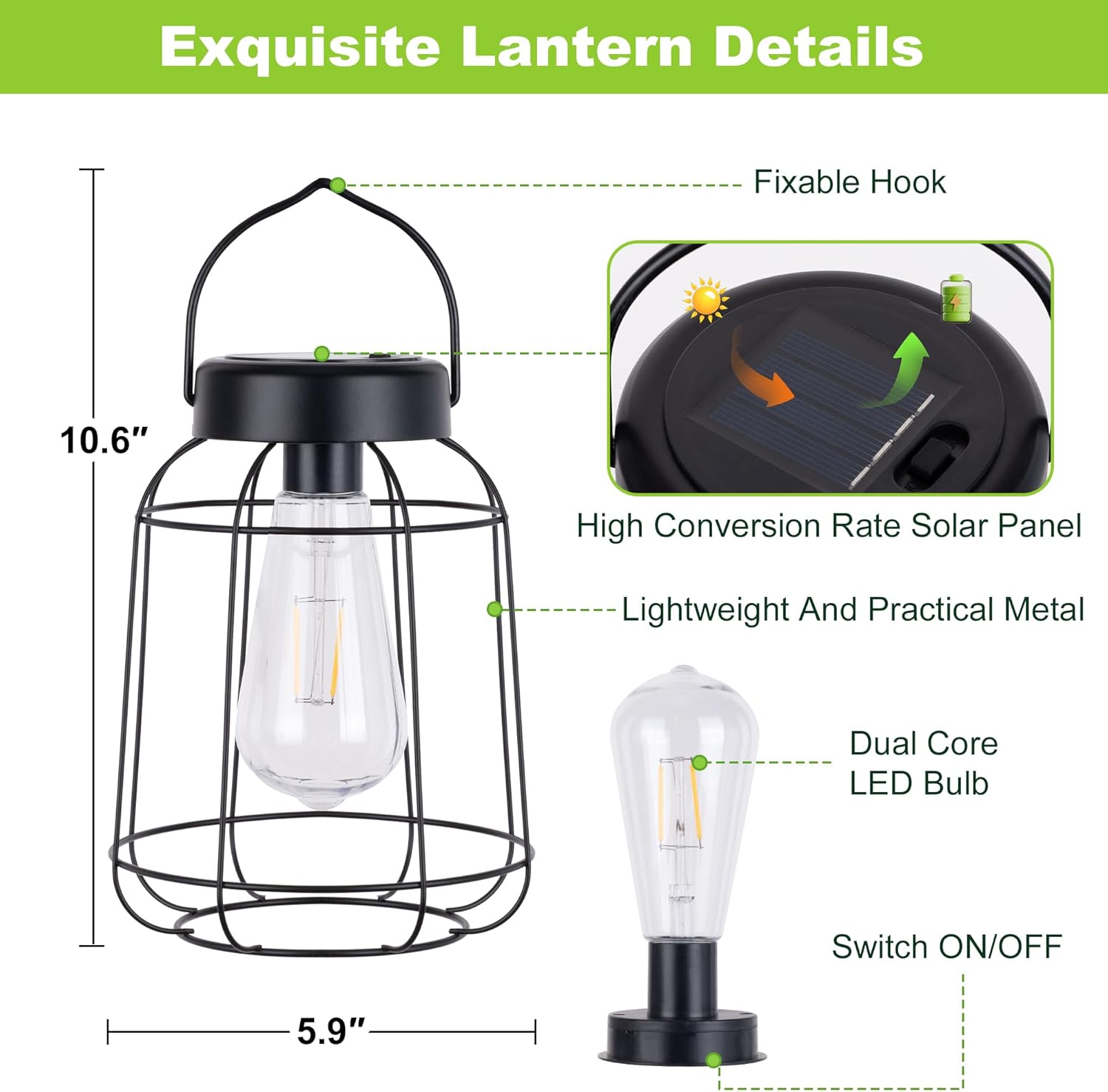 2 Pack Solar Lanterns Outdoor with LED Bulbs Hanging Lights for Outside Waterproof Solar Powered Lanterns for Table Patio Porch Graden and Pathway