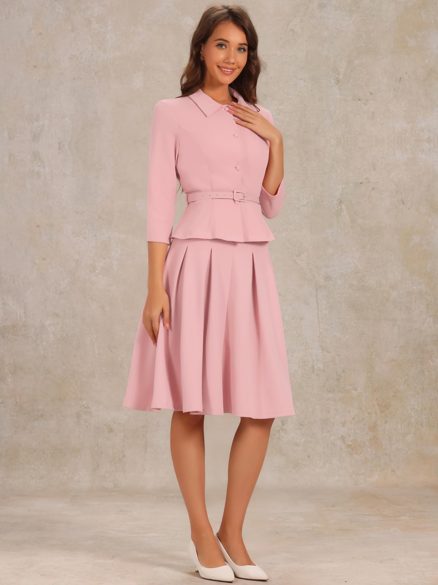 Allegra K Ensemble jupe d'affaires 2 pièces pour femme, tenue de bureau, blazer à manches 3/4, jupes plissées